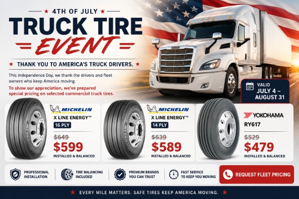 🇺🇸 4-iyuldan 31-avgustgacha maxsus aksiya: 365 Truck Repair’da Truck shinalar uchun chegirmalar